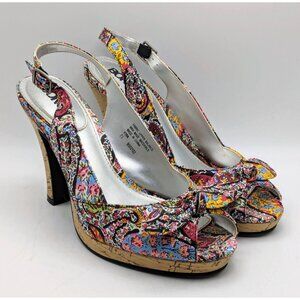 BONGO Multicolor Floral Cork Platform Slingback Heels